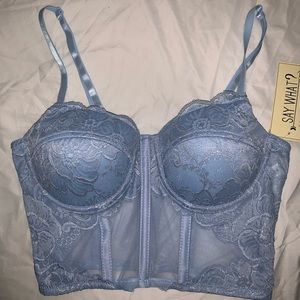 Sheer, Blue Lace Zip-Up Bustier Top